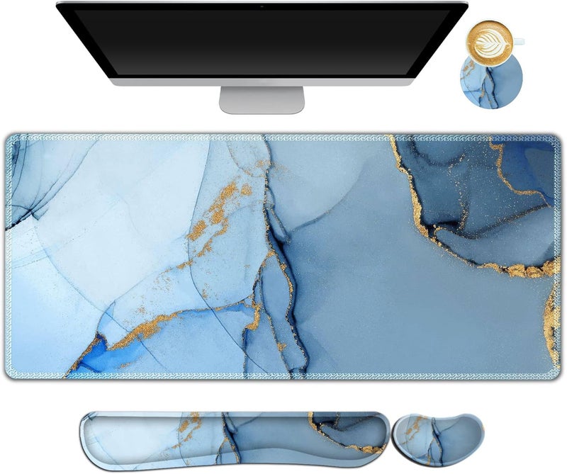 AIMSA Large Gaming Mouse Pad Set, Keyboard Wrist Rest Support Mouse Pad, Ergonomic Memory Foam Multifunctional Extended Desk Mat 35x15.7in Anti-Slip Rubber Base for Office Home, Blue Marble - Image 1
